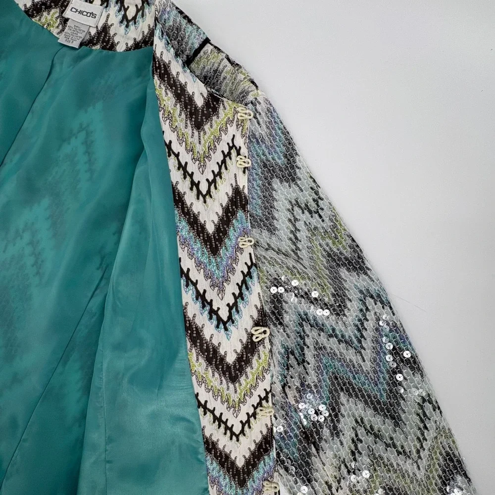 Chicos Sequin Chevron Zigzag Jacket Blue Green Metallic Hook Eye‎ Size 3 XL